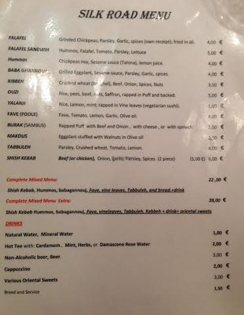 La Via Della Seta Rome menu (translated is 'Silk Road') at La Via Della Seta in Rome