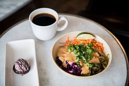Buddha Bowl, Transcend Coffee and a Raspberry Macaroon (Vegan and Gluten Free) at Sacred Arts in Camrose
