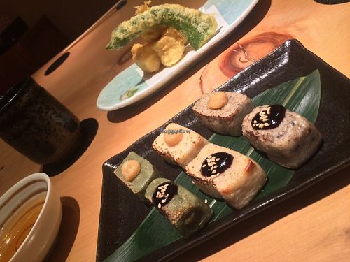Fried glutens with vegan dashi and miso.  at Mamehachi in Kyoto