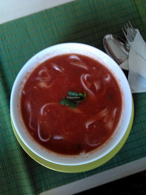 Tomato soup with rice noodles at BIOFresh in Timisoara