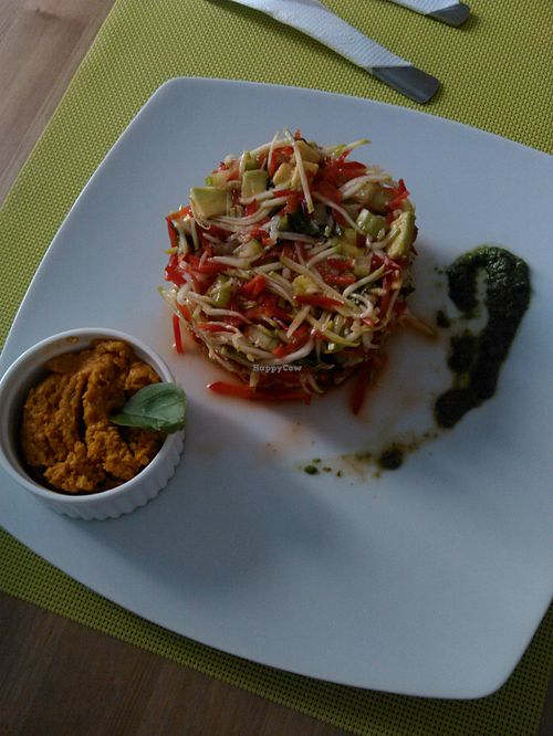 Raw vegetables tower with carrot dip at BIOFresh in Timisoara