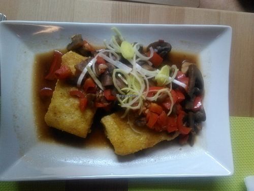 Polenta with mushrooms. Delicious! at BIOFresh in Timisoara