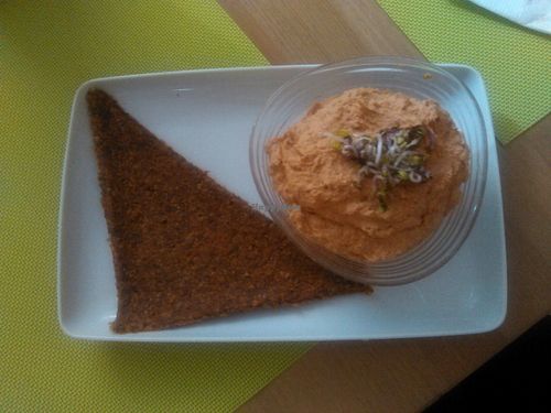 raw vegan bread with Biofresh dip (made with sundried tomatoes, tofu, garbanzo beans) at BIOFresh in Timisoara