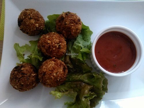Best vegan meatballs in town: tofu meatballs with spicy tomato sauce at BIOFresh in Timisoara