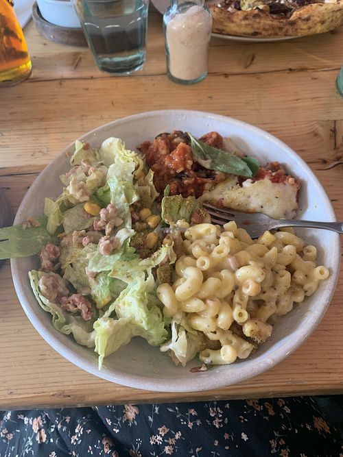 Mac & cheese, parmigiana & caesar salad (all GF)  at Purezza in Brighton
