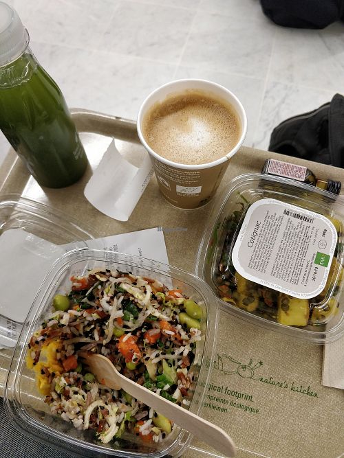 Two salads, a green juice and a oat milk coffee at ORY - EXKi in Orly
