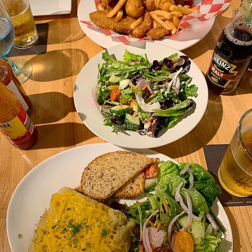 Shepherd’s pie, house salad and seafood platter at Cider Press Pub in St Petersburg