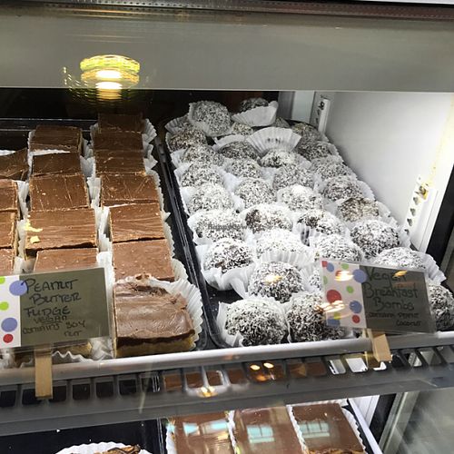 vegan peanut butter fudge and breakfast bombshells at Bam Bam Bakery in Portland