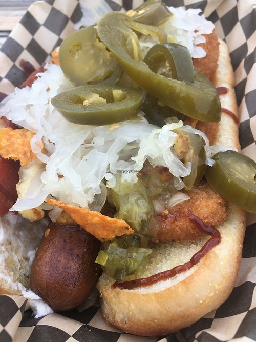 As well as a Field Roast 'hotdog' there was also a strip of 'bacon', 'chicken' nuggets, 'cheese' and a load of other stuff. $25 for two seemed steep though... at Cycle Dogs in Seattle