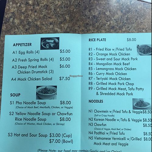 menu at Pho Vegan Asian Cuisine in Rocklin