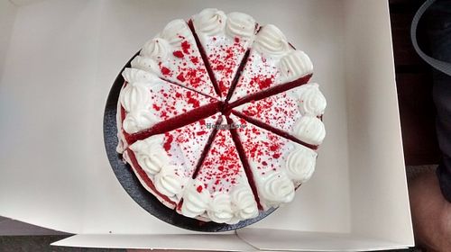 Red cake with vanilla cream at La Besnéta in Barcelona