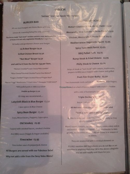 Lunch menu at Labyrinth Holistic Cafe in Stockton On Tees