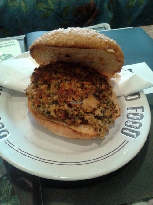Homemade vegan sausage patty at Labyrinth Holistic Cafe in Stockton On Tees
