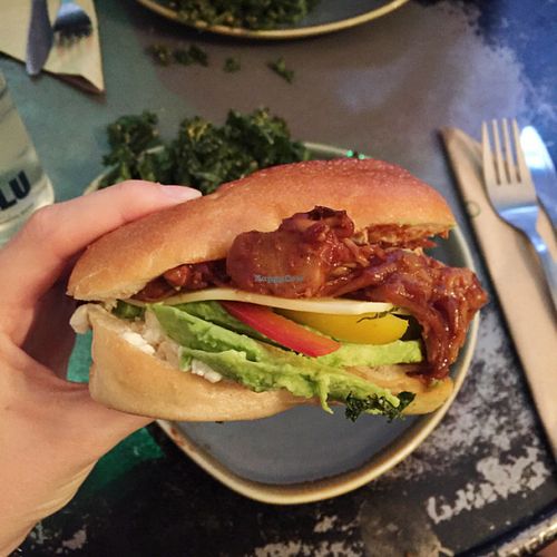 Their delicious BBQ pulled Jack fruit burger!  at Vegan Hippo in London