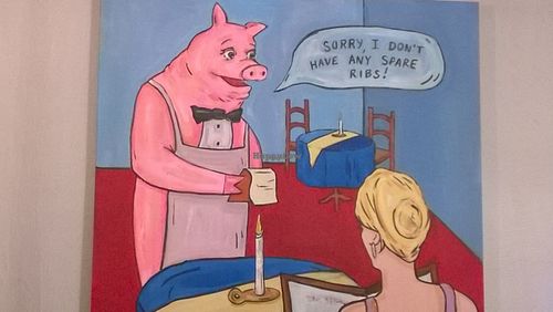 Humorous art inside Vegan Hippo at Vegan Hippo in London