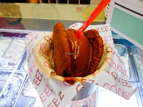 Vegan ice cream sandwich with vegan Dark Chocolate Sorbet and vegan chocolate chip cookies at Cookeez - Allenby in Tel Aviv