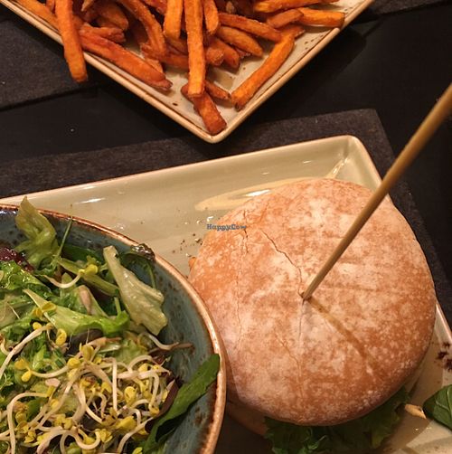 wheat burger, salad, and seeet potato chips at Hans im Glück - Isartorplatz in Munich