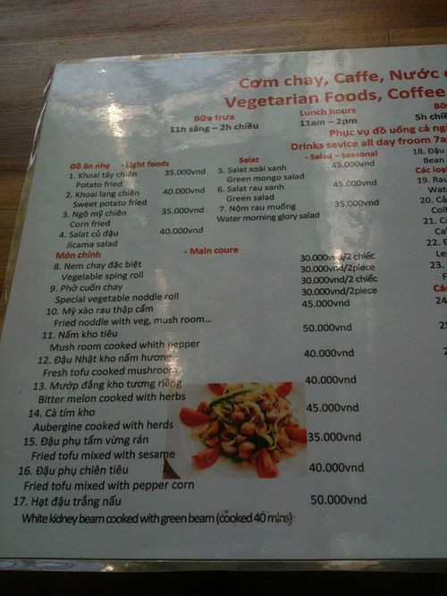 Meals menu first half at Com Chay in Hanoi