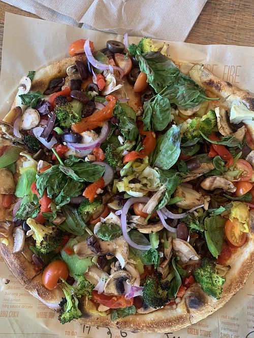Build your own with all the veggies except pineapple and jalapeños…it was yummy!   at Blaze Pizza in Roseville