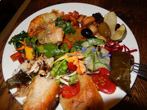 my plate from the buffet, with focaccia bread at Seeds 2 Cafe in Totnes
