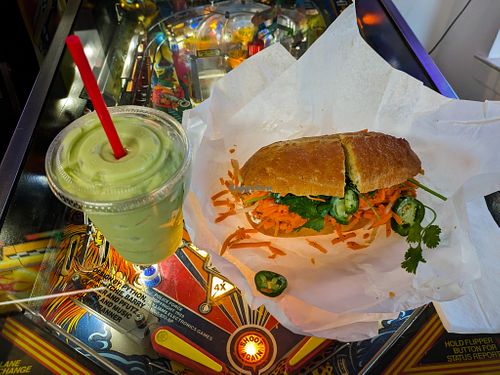 Crispy Tofu sandwich and Avocado Shake at Dinosaurs - Boardman Pl at Dinosaurs - Boardman Pl in San Francisco
