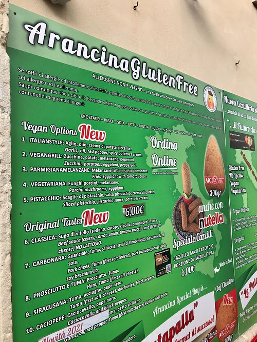 Vegan menu at Arancinaglutenfree in Siracusa