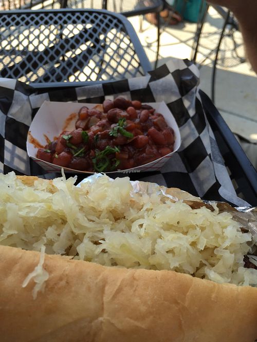 Spicy dog with sauerkraut and baked beans at Biker Jim's in Highlands Ranch