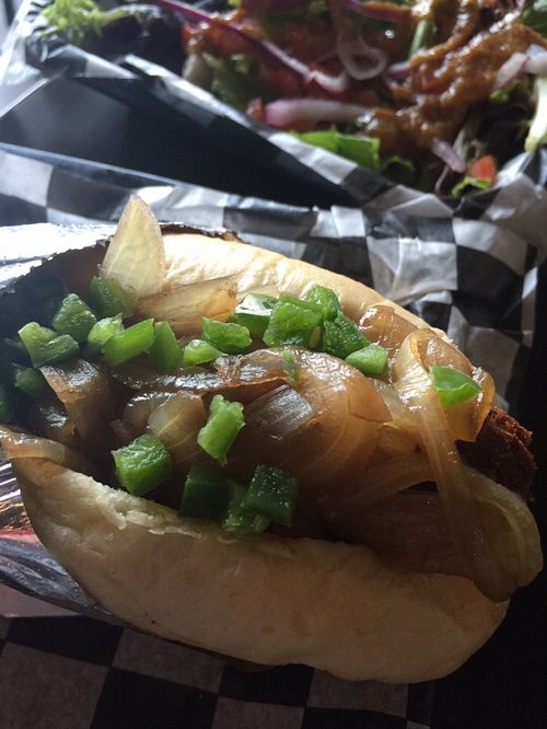 Vegan herb dog w/ grilled onions & jalapenos at Biker Jim's in Highlands Ranch
