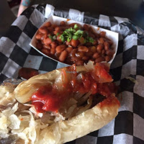 Vegan herb dog with baked beans at Biker Jim's in Highlands Ranch