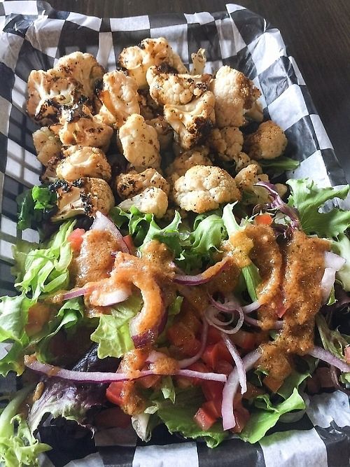tahini cauliflower & side salad at Biker Jim's in Highlands Ranch