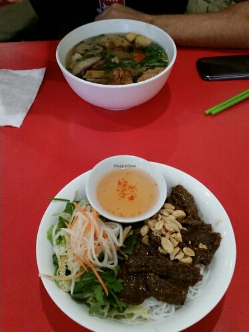 'beef' rice noodle bowl abd traditional vietnamese pho soup at Pho Da Son in Montreal