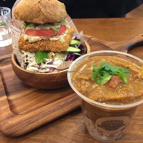Curry and Tartar burger. Not an easy way to eat a curry.  at Veganic To Go in Tokyo