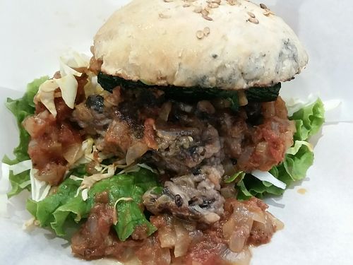 black bean burger on hemp bun at Veganic To Go in Tokyo