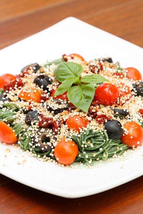 Gluten free pasta with spirirulina pesto at Bio-Organicos in Playa Del Carmen