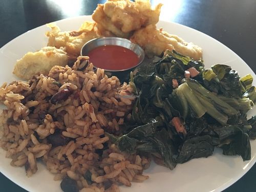 Weekend brunch special: red beans and rice, greens and "chicken' at The Nile in Mesa