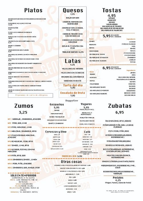 Menu at La Bicicleta in Cordoba