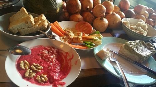salmorejo de remolacha, humus y tosta de guacamole at La Bicicleta in Cordoba