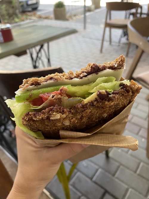Vegan mozzarella sandwich with olive spread   at Living Nature in Varna