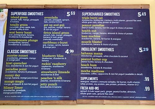 Smoothie menu at Tropical Smoothie Cafe in Lyndhurst