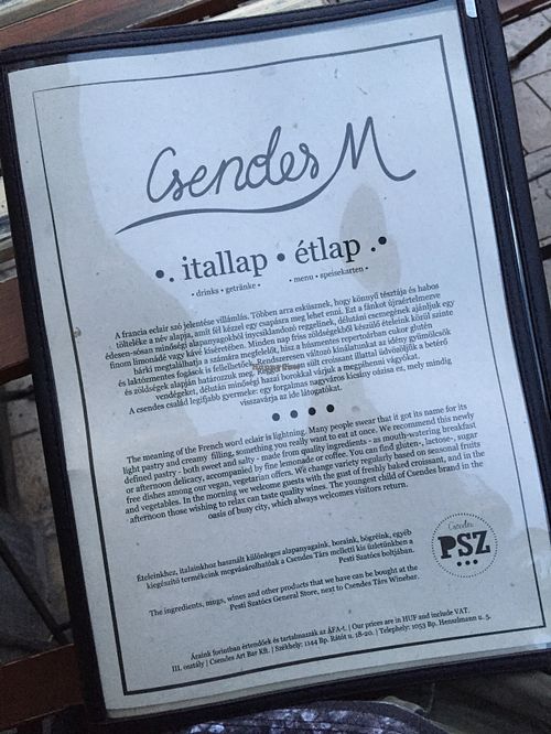 Front page of the menu. at CsendesM Vegan Bistro in Budapest