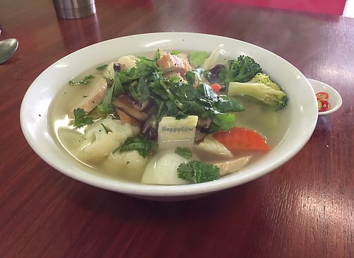 vegan rice noodle soup with veggies and tofu (noodles are hidden at the bottom) at Bo De Trai in Footscray