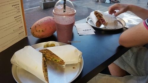 protein smoothie and sandwiches at Tevaleh in Tel Aviv