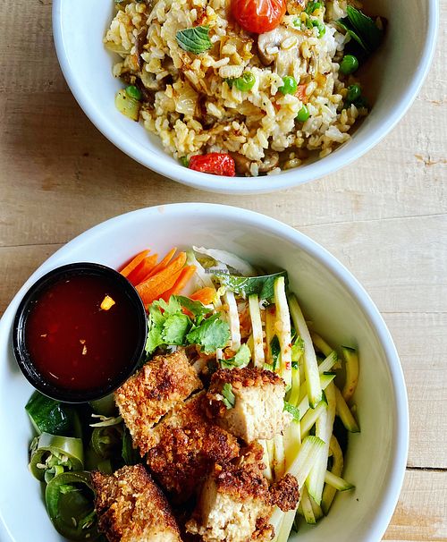 Tofu noodle salad & vegetable rice bowl at Fat Cats in Cleveland