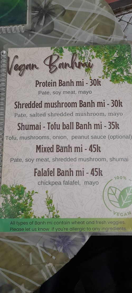 The menu (nov. 2022) at Bao An Vegan (formerly Vegan Banhmi) in Hanoi