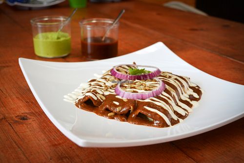 Enmoladas stuffed with zucchini  at La Veggicheria in Tijuana
