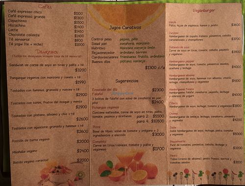 the menu (as of Nov 2015) at Sesamo Rincon Vegetariano in Valdivia