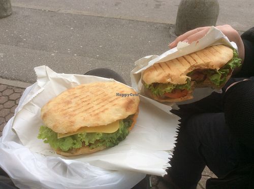 A burger and sausage in flat bread  at Vege Fino Za Sve in Zagreb