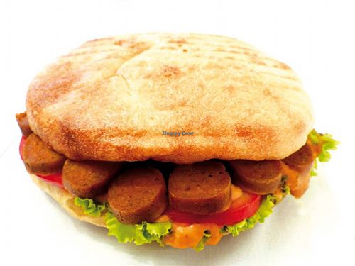 Vegan sausage sandwich with a vegan or vegetarian sauce of choice at Vege Fino Za Sve in Zagreb