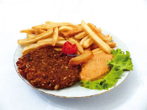 Vegan burger and fries at Vege Fino Za Sve in Zagreb