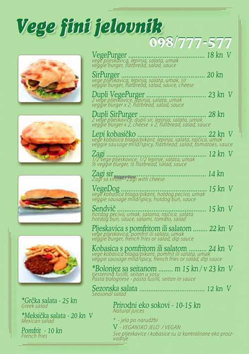 Menu with vegan and vegetarian dishes at Vege Fino Za Sve in Zagreb